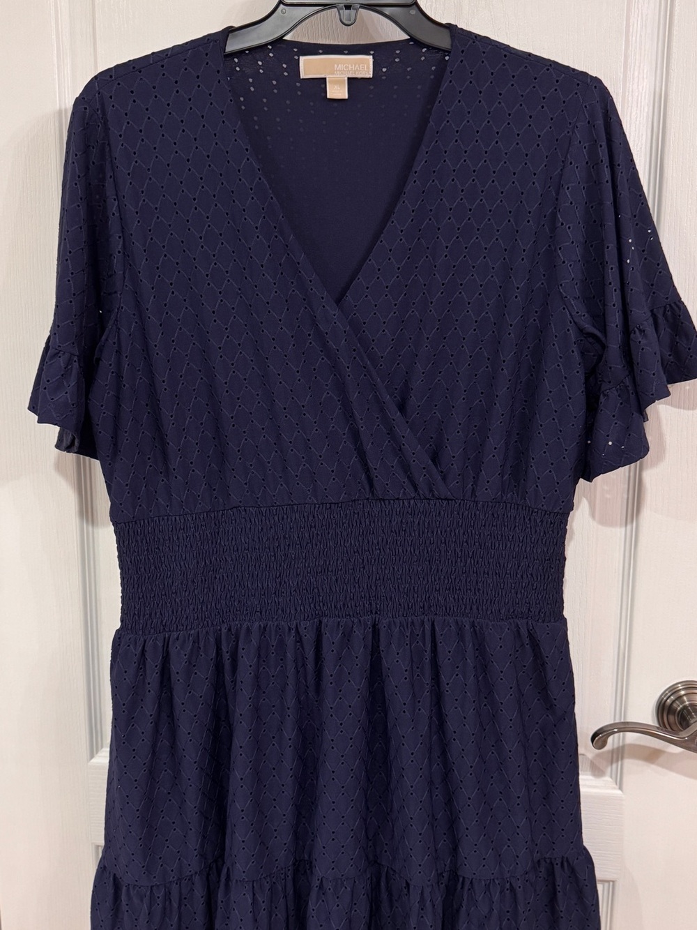 MICHAEL Michael Kors Navy Eyelet Surplice Smocked Waist Midi Dress